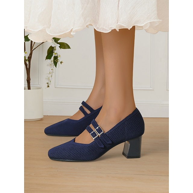  scarpin mary jane fly-knit respirável com detalhe de fivela dupla e salto grosso, estilo elegante para mulheres, ideal para trabalho, eventos e ocasiões formais