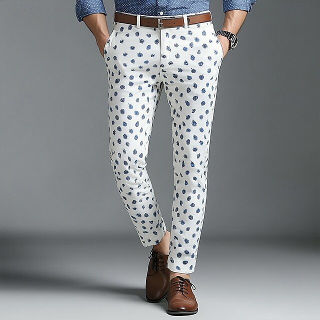 Men's Floral Print Dress Pants Trousers Mid Waist Business Casual Wedding Outdoor Vacation with Pockets Slim Fit Flat-Front Summer Spring 3D Print White4