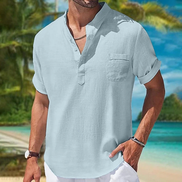 Men's Linen Shirt Band Collar Shirt Summer Shirt Beach Wear Plain Vacation Curise White Blue Khaki Gray Short Sleeve Standing Collar Spring & Summer Clothing Apparel Basic 5