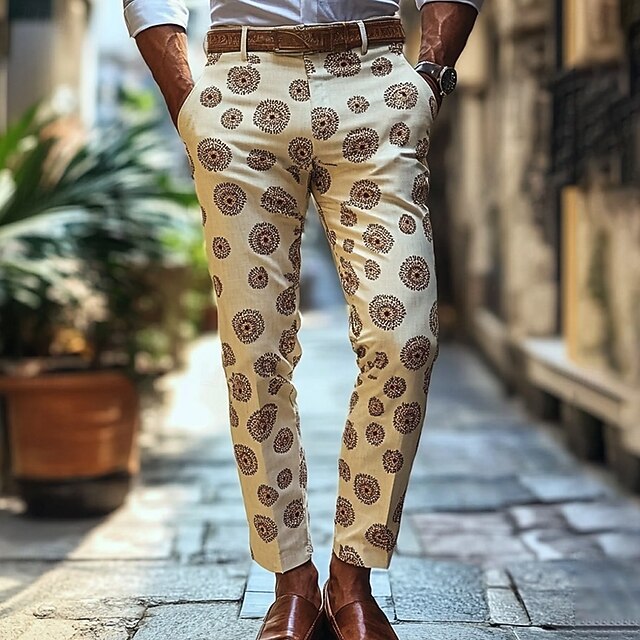 Men's Floral Ethnic Flowers Dress Pants Trousers Mid Waist Business Casual Outdoor Vacation Streetwear with Pockets Slim Fit Flat-Front Summer Spring 3D Print khaki4
