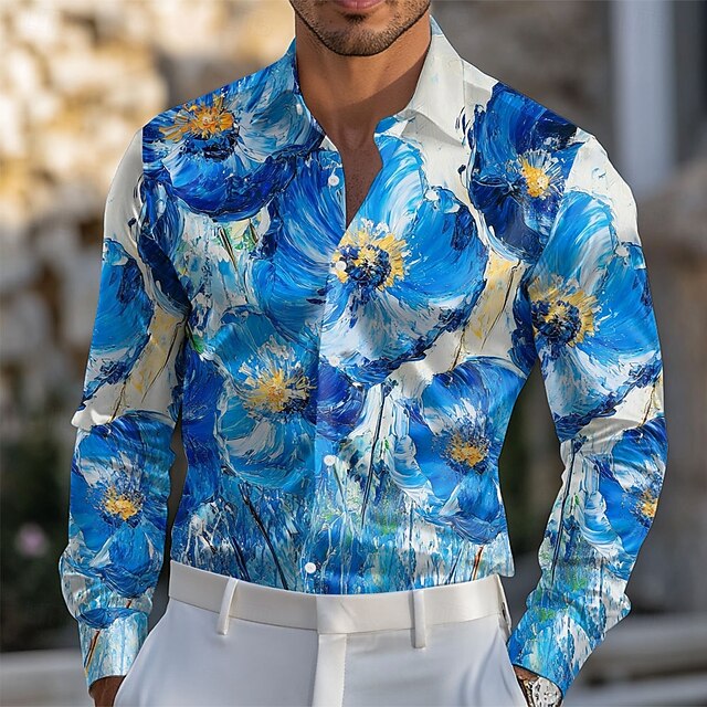 Men's Floral Print Flowers Satin Shirt Dress Shirt Button Up Shirt Long Sleeve Fashion Casual Vacation Daily Evening Party Summer Spring Fall Turndown Collared Shirts 3D Print Blue4