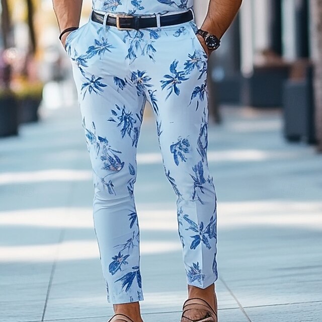 Men's Leaf Plants Dress Pants Trousers Mid Waist Business Casual Outdoor Vacation Streetwear with Pockets Slim Fit Flat-Front Summer Spring 3D Print Blue4