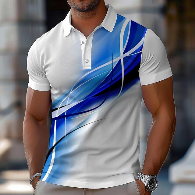 Men's Geometic Line Polo Short Sleeve Polo Shirts Collared Shirts Business Casual School Outdoor Daily Wear Home Wear Buttons 3D Print Summer Spring Fall Blue4
