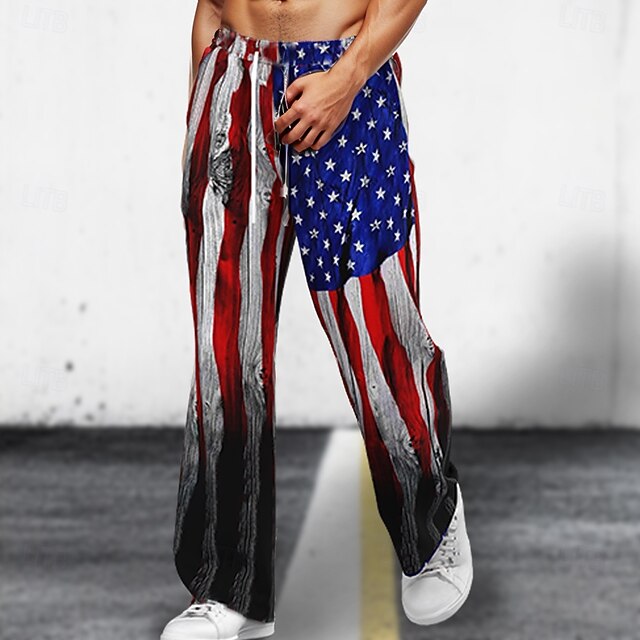 Men's American Flag Patriotic Trousers Baggy Pants Casual Pants Mid Waist Hawaiian Retro Vintage Outdoor Holiday Beach Wide Leg Elastic Drawstring Waist Summer Spring 3D Print Gray4