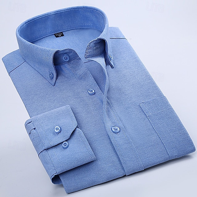  Voor heren Overhemd Button-down overhemd Oxford overhemd Kreukbestendig Effen Bruiloft Werk Licht Blauw Wit Donkerblauw Lange mouw Kraag Zomer Lente Kleding