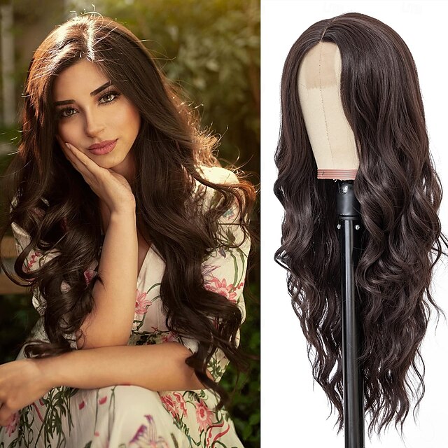  Wig for Women Long  Wavy Wigs Women, Natural Looking   Hair Wigs, Heat Resistant Brown Synthetic Wig, Middle Part Hair Replacement Wigs for Daily Party Use