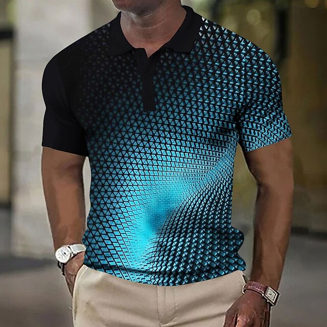 Men's Geometic Waffle Polo Shirts Short Sleeve Polo Shirts Collared Shirts Business Casual Outdoor Dailywear Athleisure Buttons 3D Print Summer Blue / Black4