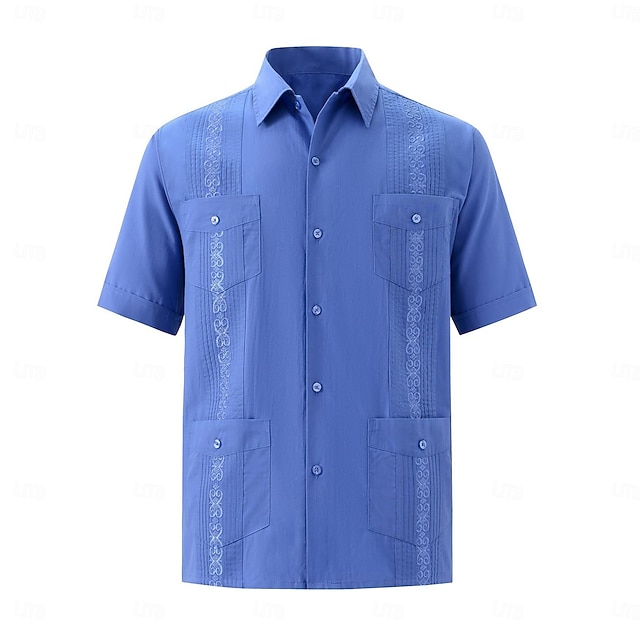  Męskie Koszula Koszula Guayabera Jasnożółty Czarny Biały Jasnozielony Rumiany róż Krótki rękaw Wieczorne Szkoła Spektakl Haft Odzież Elegancja Urlop Zabytkowe Neutralny
