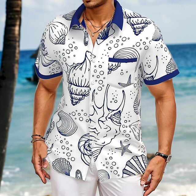 Men's Shell Starfish Conch Summer Hawaiian Shirt Button Up Shirt Short Sleeve Hawaiian Resort Vacation Holiday Beach Wear Summer Spring Turndown Collared Shirts Front One Pocket White4