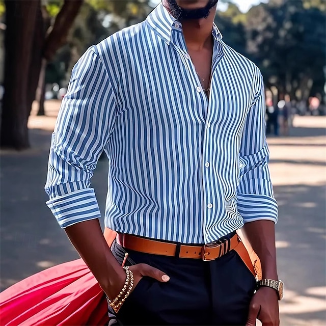  Herren Hemd Sommerhemd Freizeithemd Knopfhemd Rote Blau Grün Kaki Dunkelblau Langarm Streifen Revers Urlaub Hawaiianisch Button-Down Bekleidung Polyester Mode Lässig Bequem