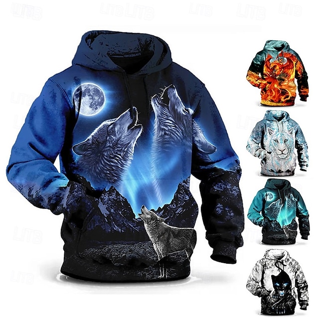  Per uomo Lupo Stampa 3D Felpa con Cappuccio Felpa con cappuccio Felpe con cappuccio Manica Lunga Felpa con cappuccio Con Cappuccio Moda Vacanza Lavoro Abbigliamento quotidiano Grigio verde Bianco e