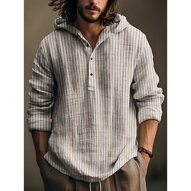  Men's Button Up Shirt Hooded Shirt Black khaki Long Sleeve Stripes Hooded Vacation Casual Hooded Clothing Apparel Polyester Fashion
