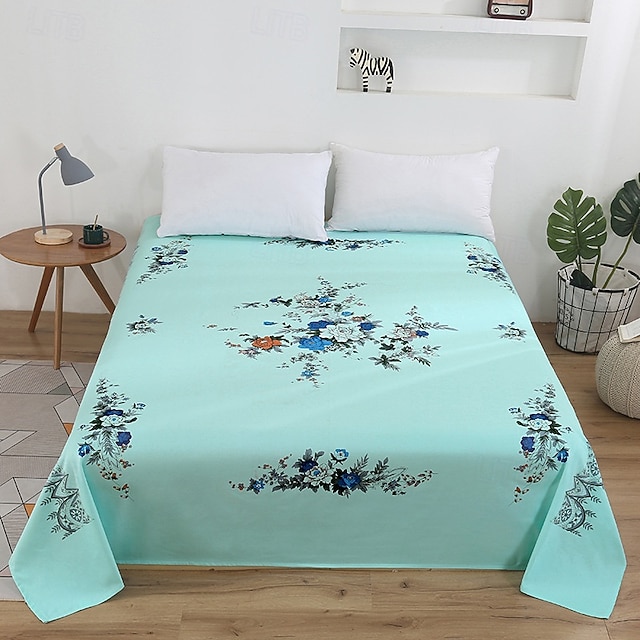 春夏用の青いカラフルな花柄印刷コットンフラットシーツ
