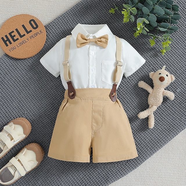  3 Pièces Costume de Porteur d'Alliance  Garçon Enfants Bébé Chemise & Short Ecole Formel Soirée Mode Doux Couleur unie Col en V Blanche Coton