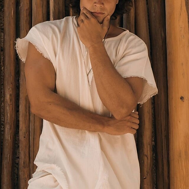 Men's Linen Shirt T Shirt Short Sleeve Crew Neck Summer Spring Solid Color Elegant Neutral Daily Crewneck School Training Outdoor Beige Top Tee for Men4