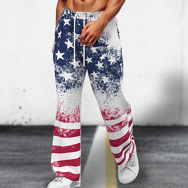  Herr Långbyxor Säckiga byxor Casual byxor Brett skaft Elastisk dragsko i midjan Amerikanska flaggan Patriotisk Utomhus Helgdag Strand Semester Hawaiisk Vit Oelastisk