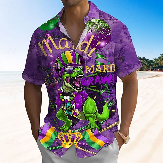 Mardi Gras Men's Dinosaur Carnival Shirt Button Up Shirt Short Sleeve Fashion Casual Vacation Gift Holiday Summer Spring Turndown Collared Shirts Front One Pocket Purple4