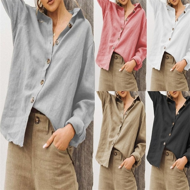  Dames Overhemd Katoenen linnen overhemden Linnen overhemd Knoop omhoog Effen Dagelijks Stijlvol Basic Lange mouw Overhemdkraag Normale tops Werk Dagelijks Feestdagen Knop Zwart Wit Khaki Lente Herfst