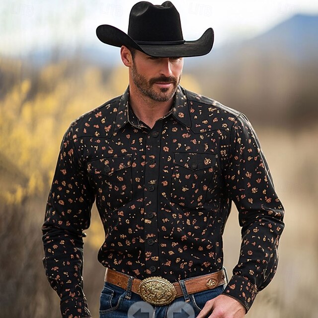 Men's Floral Print Flowers Western Shirt Button Up Shirt Cowboy Shirt Long Sleeve Western Vintage Retro Outdoor Casual Spring Fall Turndown Collared Shirts Front Two Pockets Black4