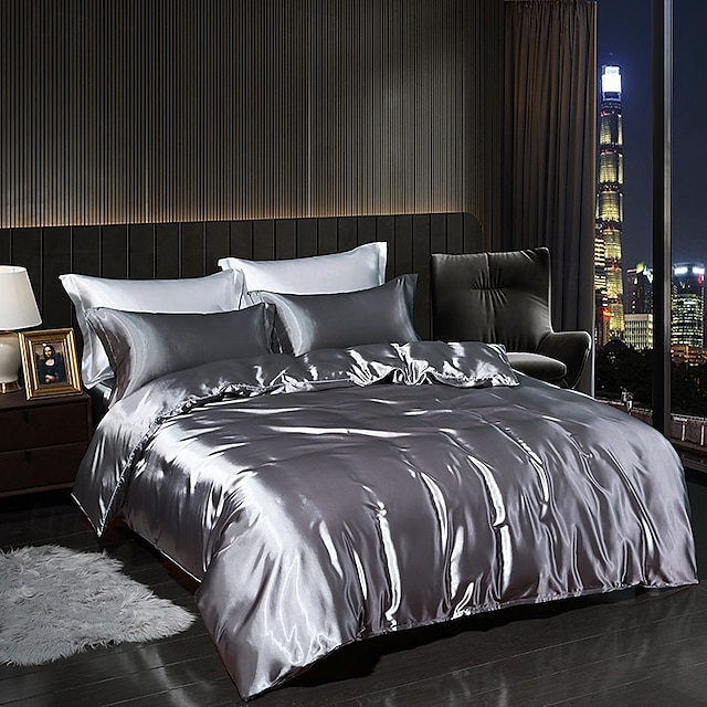  4 Pieces Satin Silk Bedding Set with Fitted Sheets Duvet Cover Sets Summer Solid Color Comforters Covers with 2 Pillowcases