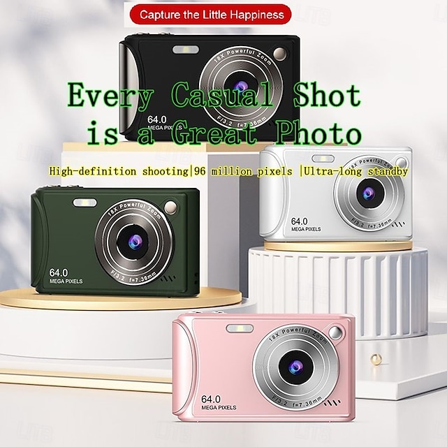  Cámara de vídeo digital compacta de bolsillo para cine, con enfoque automático, 64 MP, 4K, detección de rostros, zoom de 18x de 2,4 pulgadas, batería recargable de 650 mAh