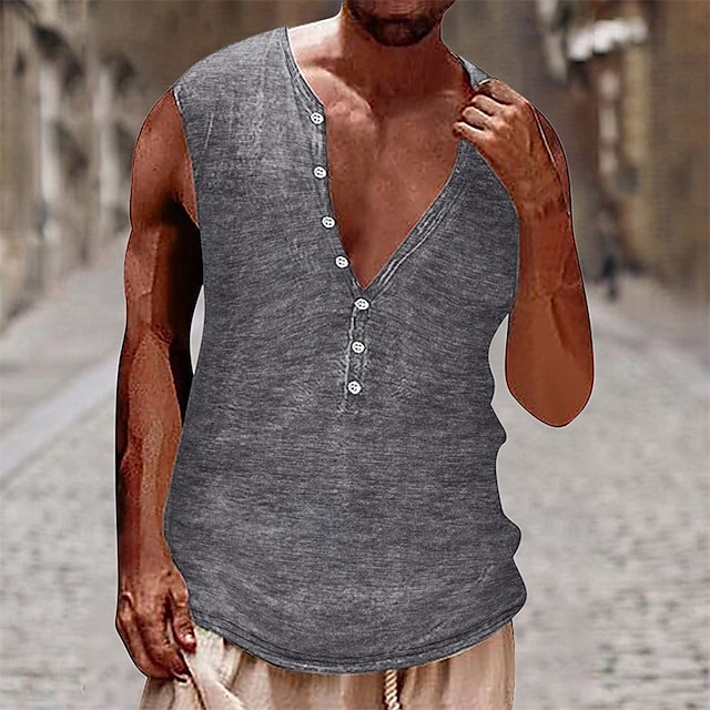  Herre Tanktop Vest Top Underskorte Ærmeløs skjorte Uden ærmer Henley Sommer Vanlig Årgang Mode Designer Knapper Ferierejse Gade I-byen-tøj Sort Hvid Brun Top T-shirt til mænd