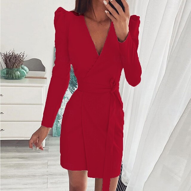  Femme robe longue Robe Droite Décontractées Vacances Standard Couleur unie manche longue Col V Rouge Eté