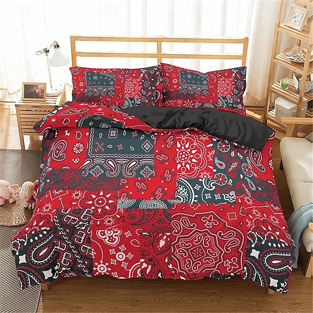  Duvet Cover Set Boho Paisely Art Red Black Pattern Duvet Cover Set Soft 3-Piece Luxury Polyester Bedding Set Home Decor Gift