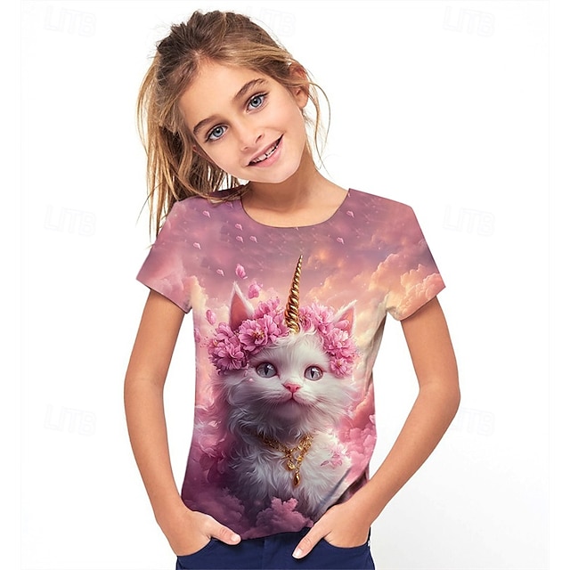  女の子 3D グラフィック 猫 Tシャツ Ｔシャツ 半袖 夏 春 ファッション ベーシック 子供 4〜12年 クルーネック アウトドア カジュアル 日常 レギュラー