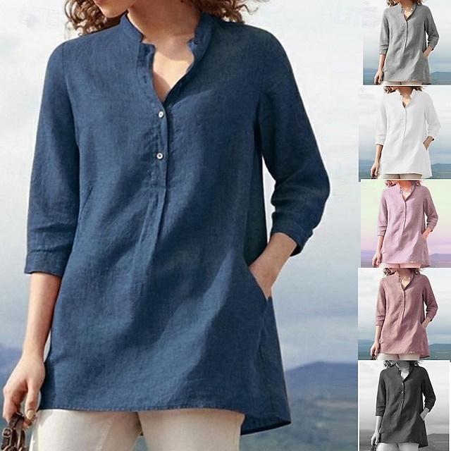  Per donna Camicia Camicia di lino Camicie di cotone e lino Semplice Quotidiano Elegante Essenziale Manica 3/4 Colletto a Camicia Top Regolari Lavoro Quotidiano Ferie Bottoni Nero Bianco Blu Primavera