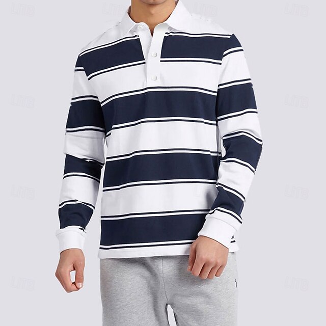 Men's Striped Rugby Polo Long Sleeve Polo Shirts Collared Shirts Sportswear Casual School Outdoor Athleisure 3D Print Spring Fall Winter Blue-White4