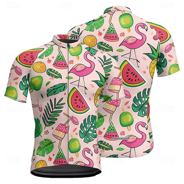  男性用 サイクリングジャージー 果物 半袖 バイク Tシャツ ジャージー 3つのリアポケット付き マウンテンサイクリング 速乾性 人間工学デザイン ウィッキング 高通気性 スポーツ ピンク 衣類