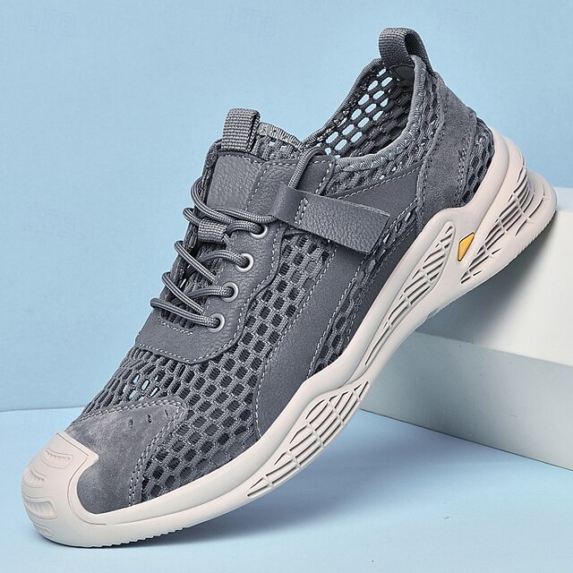  beige mesh sneakers voor heren met veter- en klittenbandsluiting, ademende casual sportschoenen voor de zomer