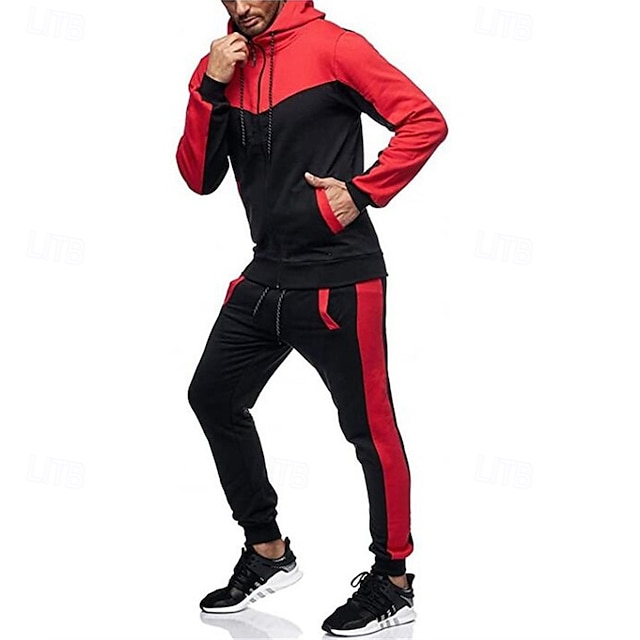  Men's Workout Set Tracksuit Full Zip Hoodie Hoodie & Pants Outfit Set Hoodie Hooded Outdoor Daily Sports Pocket Drawstring 2 Piece Color Block Black White Red Polyester Activewear Classic Casual