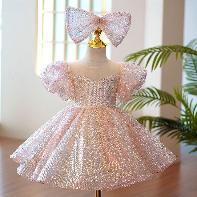  Kids Girls' Party Dress Solid Color 3/4 Length Sleeve Performance Mesh Princess Sweet Mesh Mid-Calf Sheath Dress Tulle Dress Summer Spring Fall 4-12 Years Pink