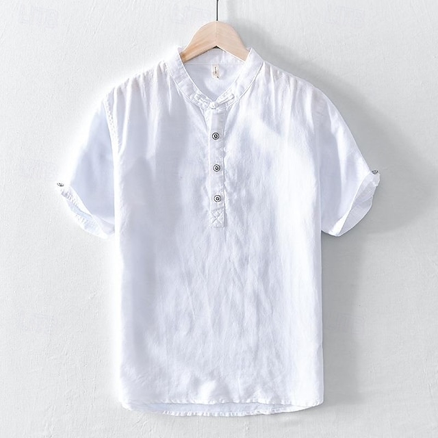  Per uomo Camicia Camicia di lino Camicia popover Camicia casual Camicia di cotone Semplice Vacanza Streetwear Bianco Blu marino Azzurro cielo Verde Manica Corta Colletto alla coreana Estate