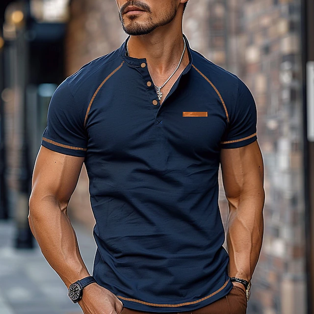 Men's Henley Shirt Tee Short Sleeve Solid Color Plain Vintage Buttons Henley Outdoor Casual Daily Summer Spring &  Fall Navy Green Gray Henley T-Shirt4