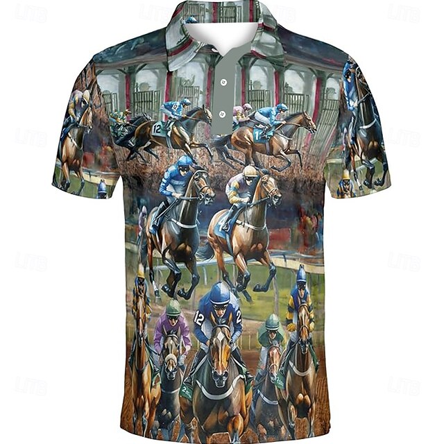  Kentucky Derby Miesten Kilparatsastus Polo Lyhythihainen Poolopaidat Kauluspaidat Business Casual ulko- Arki-asut Festivaalin asu 3D-tulostus Kesä Kevät Syksy Musta Apila Harmaa