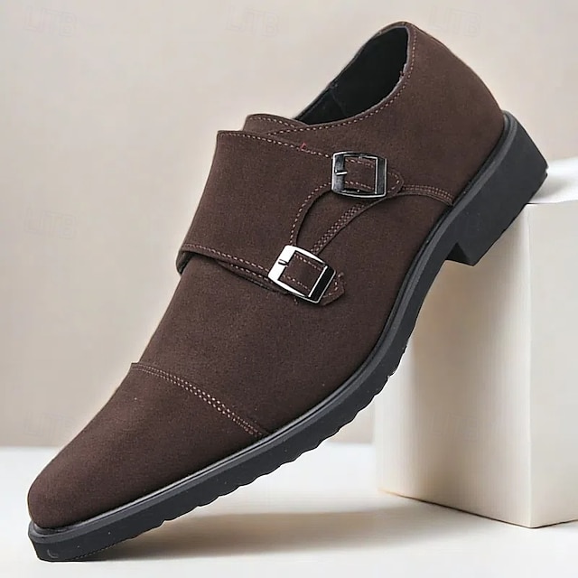  chaussures à double boucle marron pour hommes, tige en daim avec détails de boucle, chaussures élégantes pour les occasions formelles et décontractées