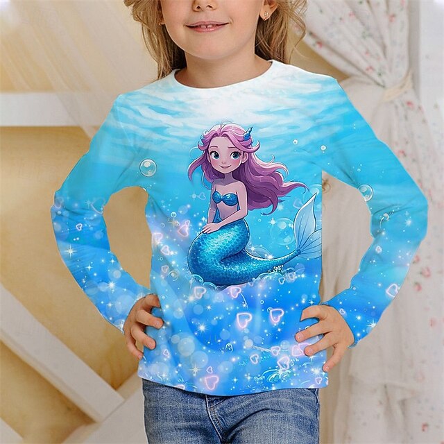 Girls' 3D Graphic Mermaid T shirt Tee Long Sleeve Spring Fall Fashion Basic Kids 4-12 Years Crew Neck Outdoor Casual Daily Regular Fit3
