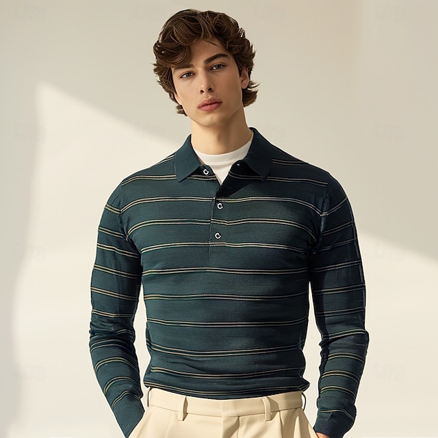  Herren-Poloshirt aus Wolle, Strick, Polopullover, formell, Arbeit, Umlegekragen, langärmlig, modern, bequem, gestreift, Knöpfe, Streifen, Frühling, Frühling & Herbst, normale Passform, Marineblau, Blau, Dunkelgrün, Braun, Polo