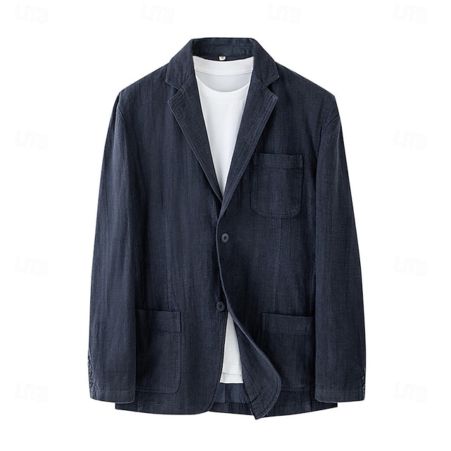  Homme Veste blazer École Formel Mariage Élégant Chaud Printemps Automne Lin Couleur Unie Épaissir Boutonnage simple deux boutons veste Noir bleu marine