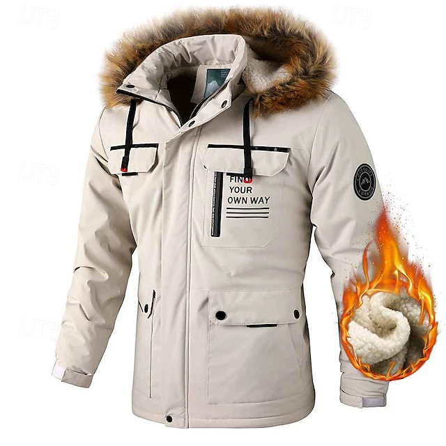 Men's Winter Jacket Fleece Jacket Hoodied Jacket Hiking Jacket Sports Outdoor Camping & Hiking Waterproof Windbreaker Fur Trim Detachable Hood Fall Winter Solid Color Active Hooded Regular Black 15