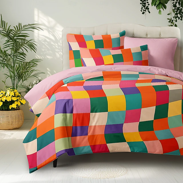 L.T.Home 100% Cotton Sateen Duvet Cover Set Reversible Premium 300 Thread Count Geometric Elite Bedding Set 11