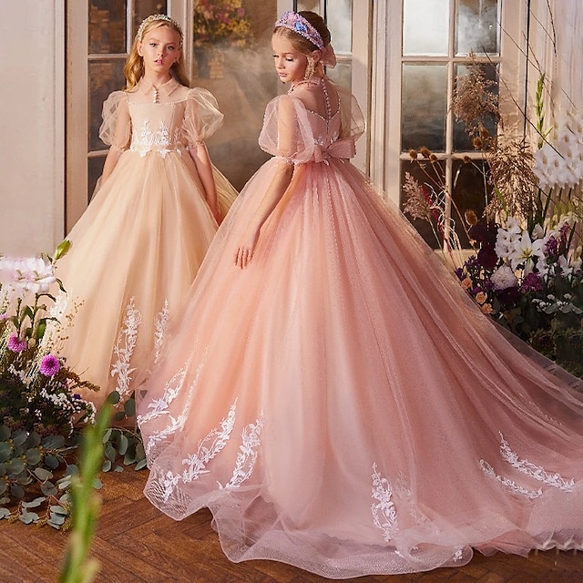  Blomsterpikekjole Jente Aftenkjole Prinsesse kjole Festkjole Bryllup Fest Prinsesse Søt Jul Karneval Rynket Helfarge Stroppeløs Knaphul Lysegul Rosa 4 år +