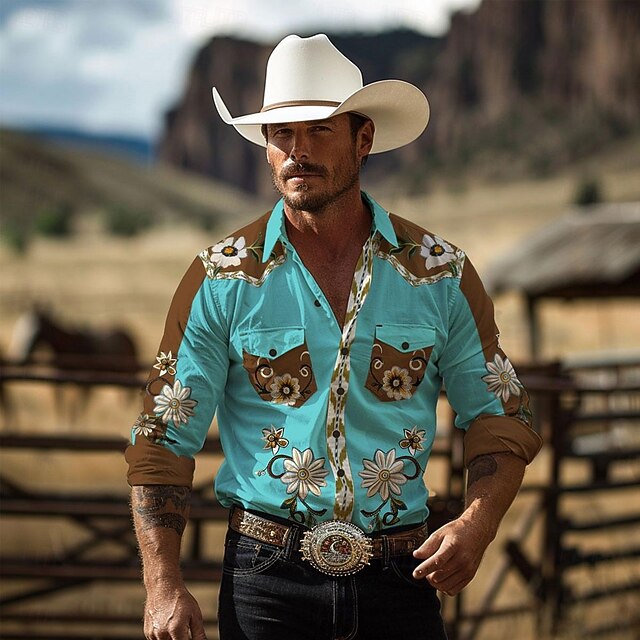 Men's Floral Shirt Western Shirt Cowboy Shirt Long Sleeve Vintage Western Style Outdoor Street Casual Daily Fall & Winter Turndown Buttons Print Green4