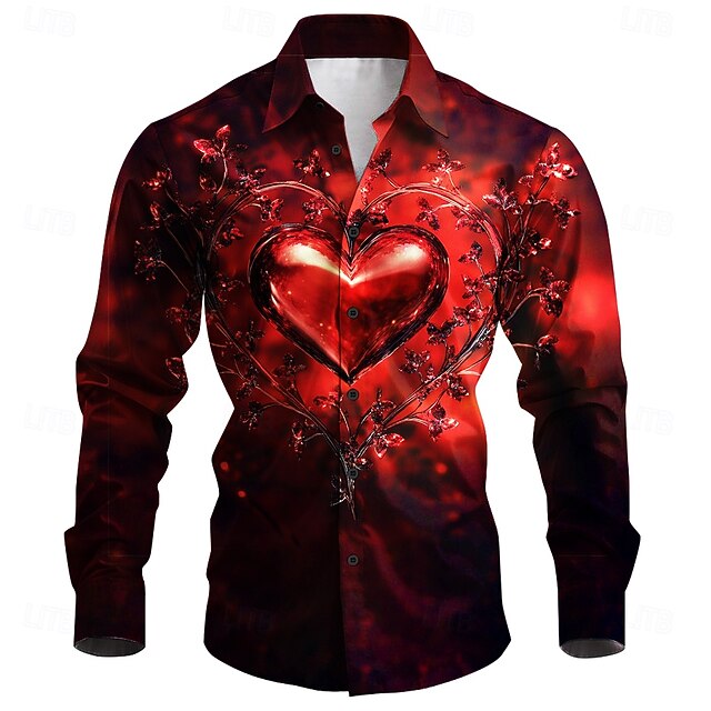 Valentine's Day Men's Heart Shirt Button Up Shirt Long Sleeve Fashion Casual Gift Holiday Festival Summer Fall Turndown 3D Print Collared Shirts Red4