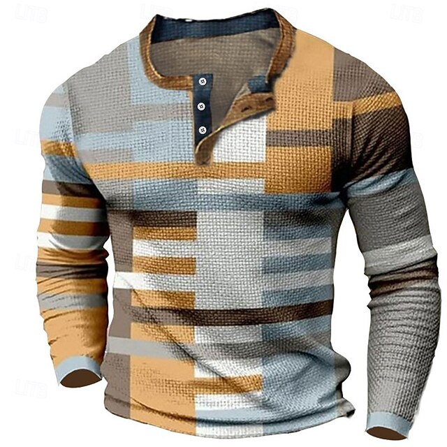  Férfi Grafika Színes Gofri Henley ing Pólók Hosszú ujj 3D nyomtatás Divat Dizájn Kényelmes Szabadtéri Hétköznapi Napi Tavasz & Ősz Barna Henley Henley póló