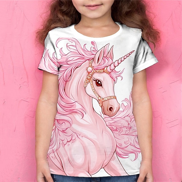  Dla dziewczynek 3D Graficzny Jednorożec Podkoszulek T-shirt Krótki rękaw Lato Wiosna Moda Podstawowy Dzieci 4-12 lat Półgolf Na zewnątrz Codzienny Regularny