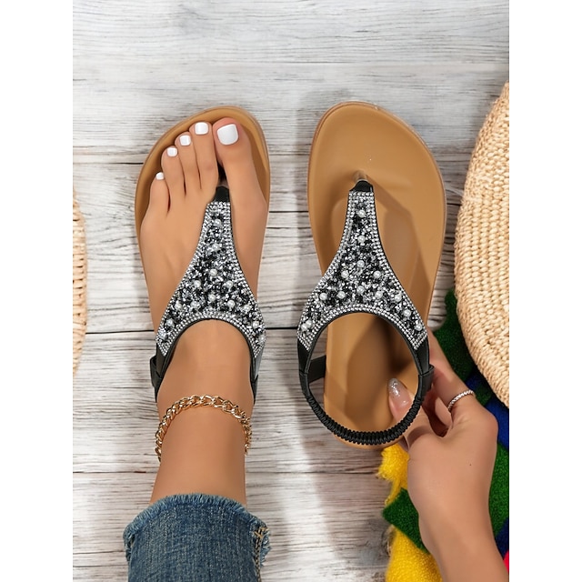  damsandaler med t-band i bohemiska pärlor – vintage glam platta sommarsandaler med strass utsmyckningar för strand- och fritidskläder